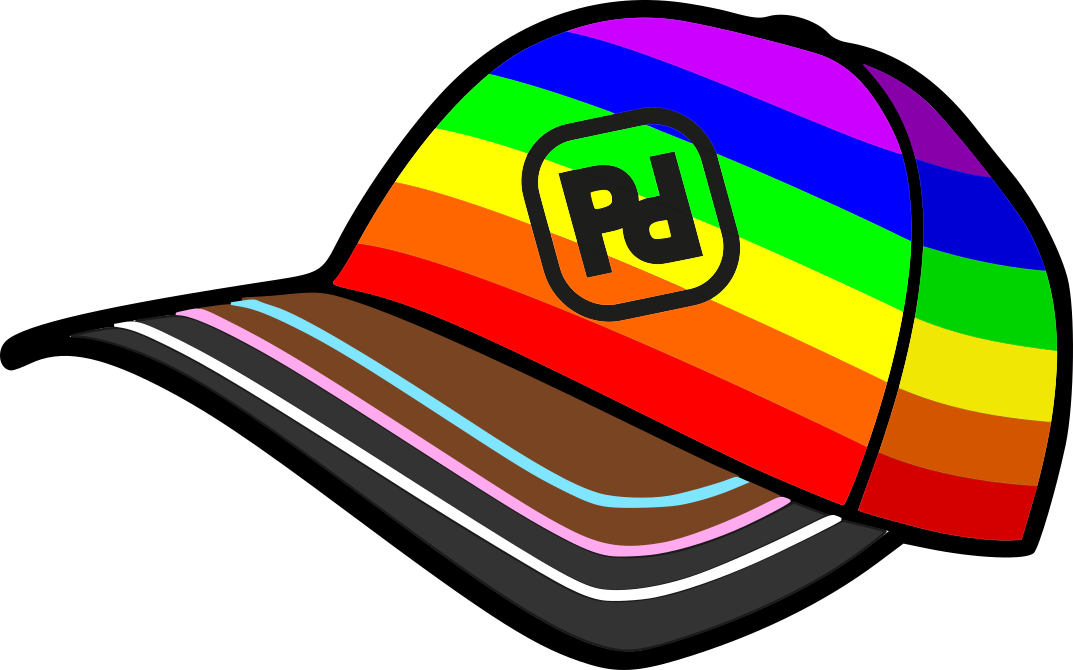 PD pride a baseball cap with the PD logo in the colours of the Progress Pride flag