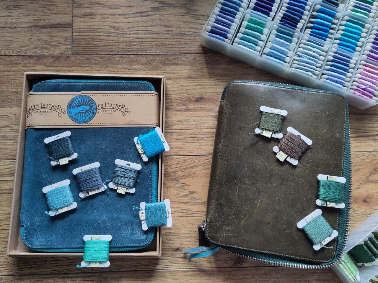 galen leather a5 zipfolio colour matches two zipfolios (ocean blue, forest green) plus carded embroidery floss
